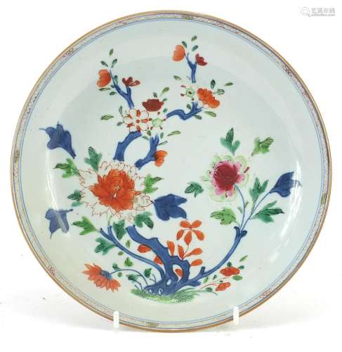 Chinese wucai porcelain dish hand painted with flowers, 22cm...