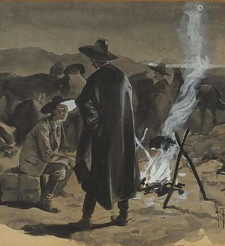 Figures around a camp fire, American heightened watercolour,...