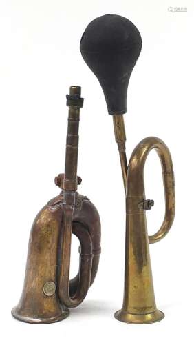 Two vintage brass and copper car horns including King of the...