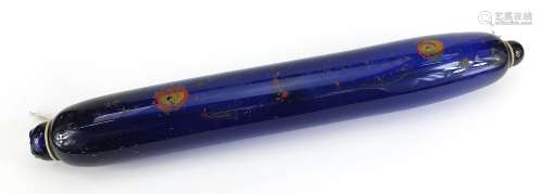 Large 19th century Bristol Blue glass rolling pin with remna...