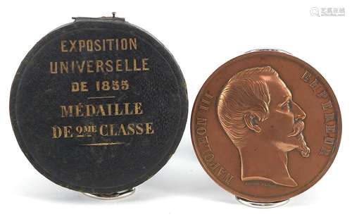 French Napoleon III bronze medallion with fitted case, 6cm i...