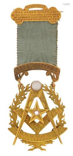 9ct gold masonic jewel set with a diamond presented to Bro J...