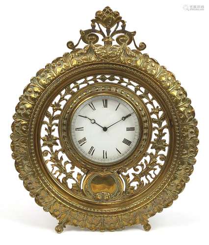 19th century pierced brass easel mantle clock with circular ...