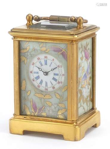 Miniature brass cased carriage clock with Sevres style panel...