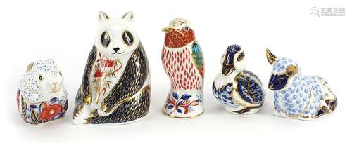 Five Royal Crown Derby animal paperweights with stoppers inc...