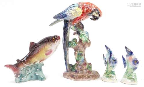 Large Jema of Holland porcelain parrot, leaping salmon and p...