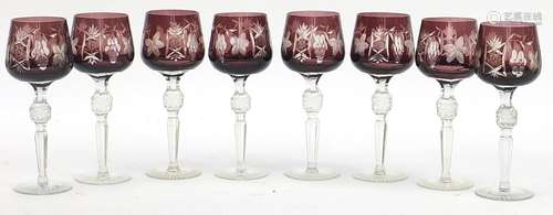 Set eight Bohemian purple flashed cut glass glasses, 21cm hi...