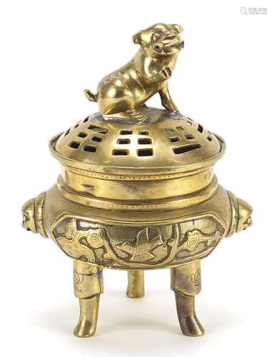 Chinese bronze three footed koro and cover with Foo dog knop...