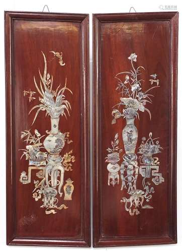 Pair of Chinese hardwood panels with mother of pearl inlay d...