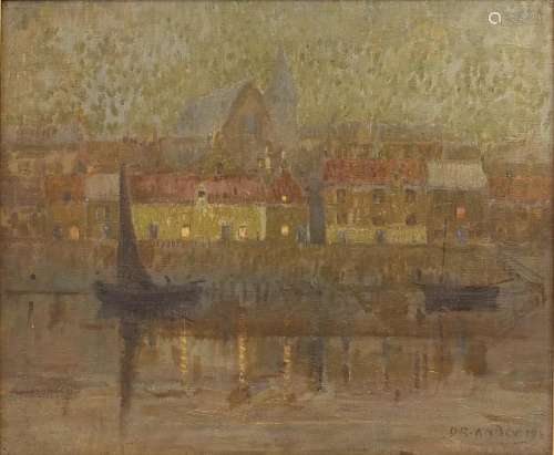 David R Anderson - Boats on water before buildings, oil on c...