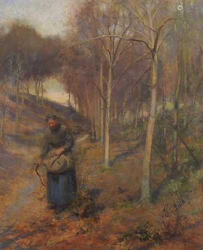 Female gathering twigs before woodland, oil on canvas, mount...