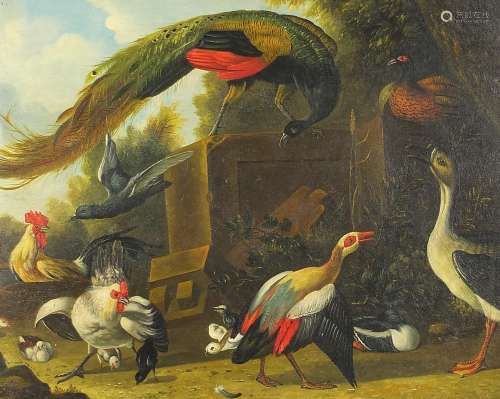Peacock, chickens and birds, Old Master style oil on board, ...