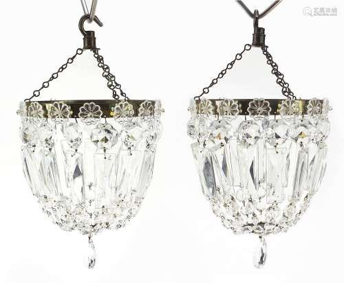 Pair of brass bag chandeliers with cut glass drops, 17.5cm i...