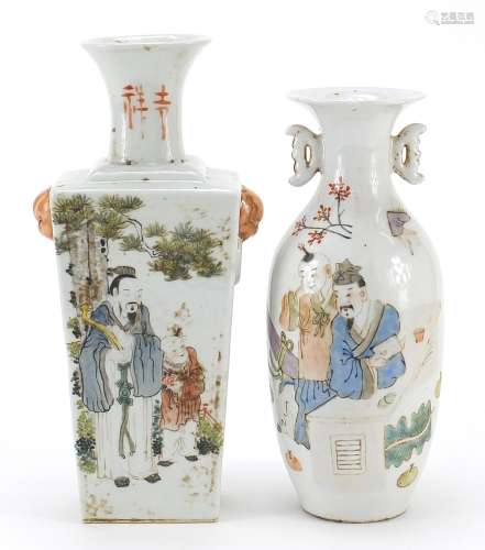 Three Chinese vases hand painted in the famille rose palette...