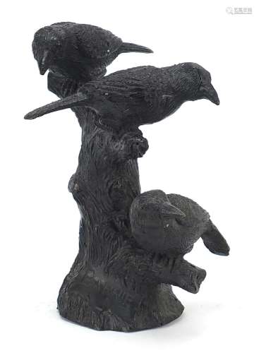 Patinated bronze group of three birds, signed Barrie, 19.5cm...