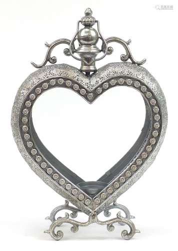 Ornate silvered love heart tealight holder with glass panels...