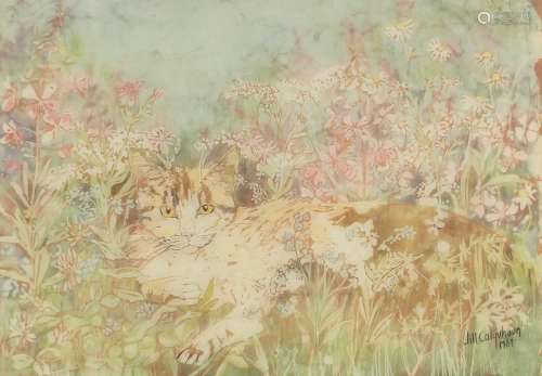 Jill Colquhoun 1989 - Cat amongst flowers, watercolour on si...