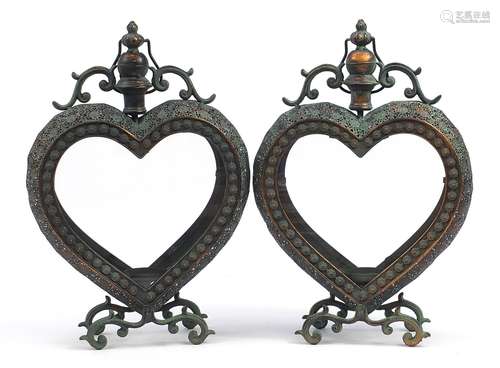 Pair of ornate love heart design tealight holders with glass...