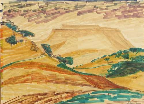 Abram Games - Mountainous landscape with trees, ink on card,...