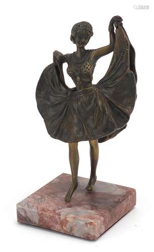 Patinated bronze figurine of an Art Deco dancer with lift up...