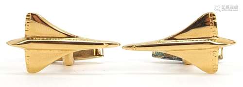 Pair of gilt metal Concorde cufflinks with box, 2.9cm wide