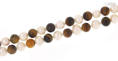 Tigers eye and cultured pearl necklace, 120cm in length