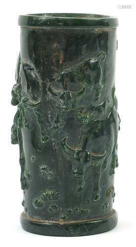 Modern Chinese jade style brush pot decorated in relief with...