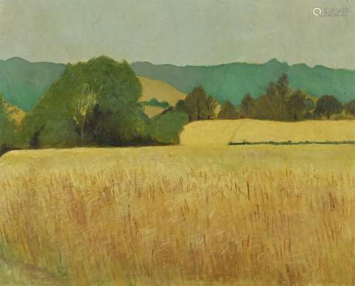 Hay fields before trees, Irish school oil on canvas, mounted...