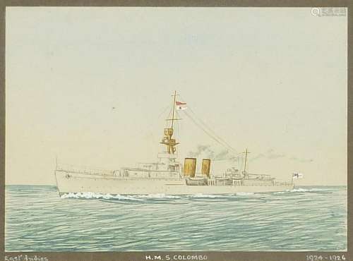 HMS Columbo, East Indies, maritime heightened watercolour, m...