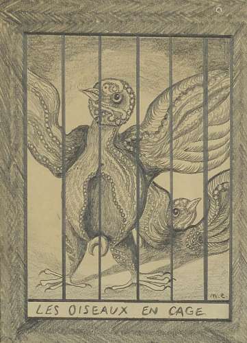 Two birds in a cage, French pencil and charcoal, bearing a l...