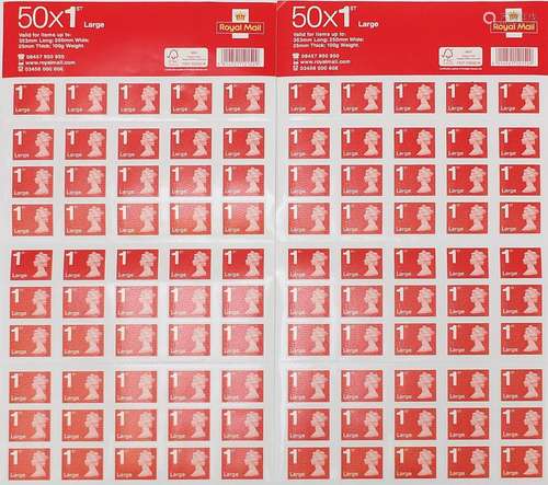 Two sheets of Royal Mail first class large stamps