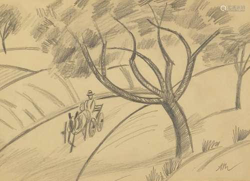 Horse and cart beside trees, charcoal and pencil drawing bea...