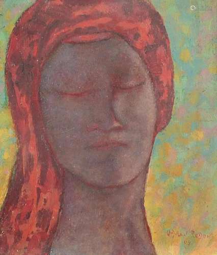 Head and shoulders portrait of a female wearing a headdress,...