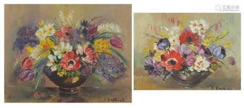 J Englefield - Still life flowers and vessels, two oil on bo...