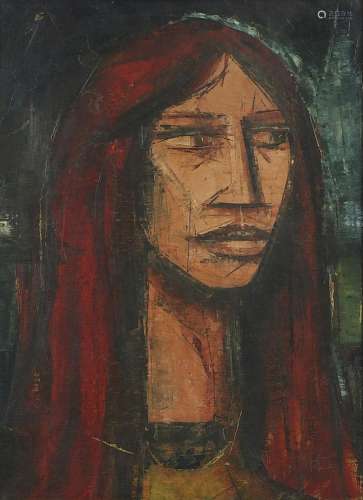 Head and shoulders portrait of a Native American, oil on pan...