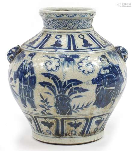 Chinese blue and white stoneware vase hand painted with figu...