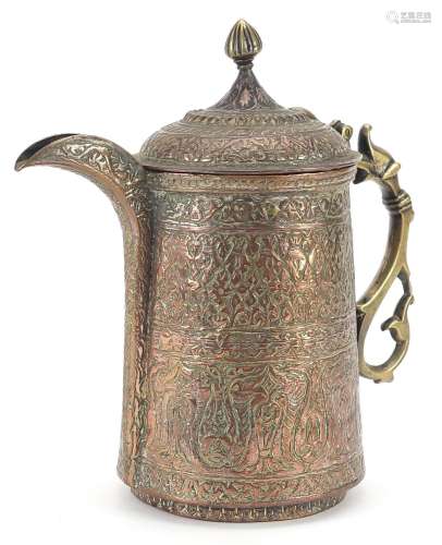 Islamic copper water pot with brass knop and animalia handle