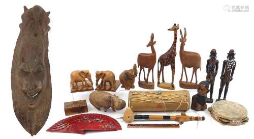 Wooden items including African figures, animals, instruments...