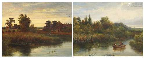 River landscapes with figures in boats, pair of oil on canva...