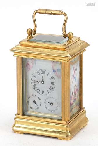 Miniature brass cased carriage clock with Sevres style panel...