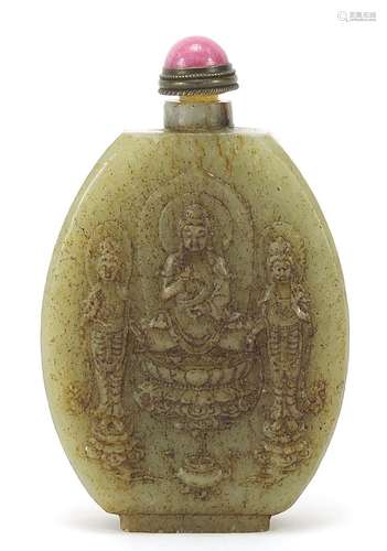 Chinese green jade snuff bottle carved with deities and a la...