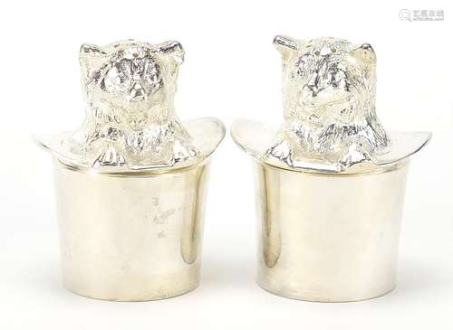 Pair of novelty silver plated cat in a hat design salt and p...