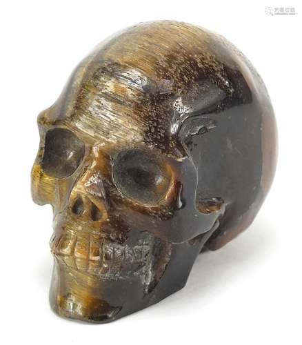 Carved tigers eye human skull, 7cm in length