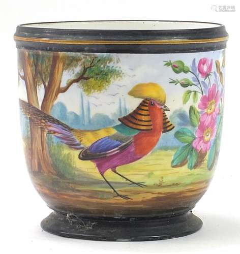 Continental porcelain jardiniere hand painted with a bird of...