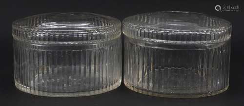 Pair of circular cut glass boxes and covers, 21cm in diamete...