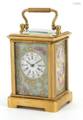 Miniature brass cased carriage clock with Sevres style panel...