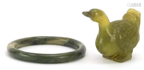 Chinese green jade bangle and carved duck, 7.5cm in length