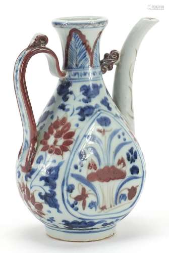 Chinese blue and white with iron red porcelain wine ewer han...