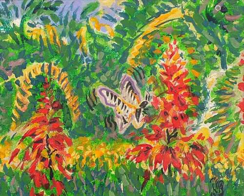 Butterflies and flowers, oil on board, mounted and framed, 2...