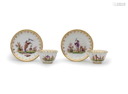 Four Meissen teabowls and saucers, circa 1722-24